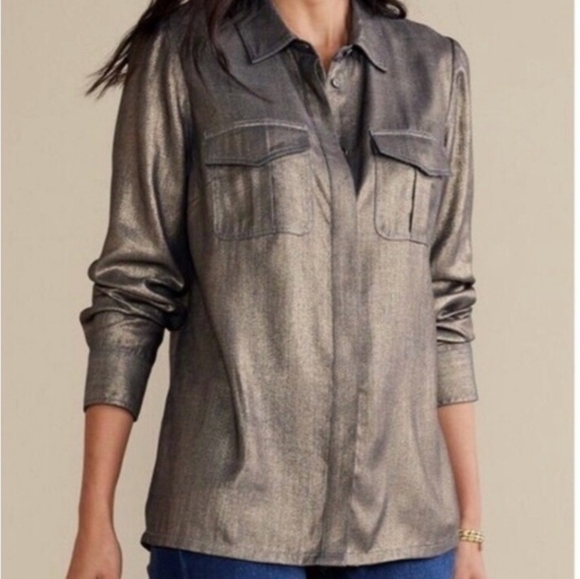 Soft Surroundings Zafina Shirt Button‎ Up Size Small Metallic Gold and Blue - Picture 1 of 6